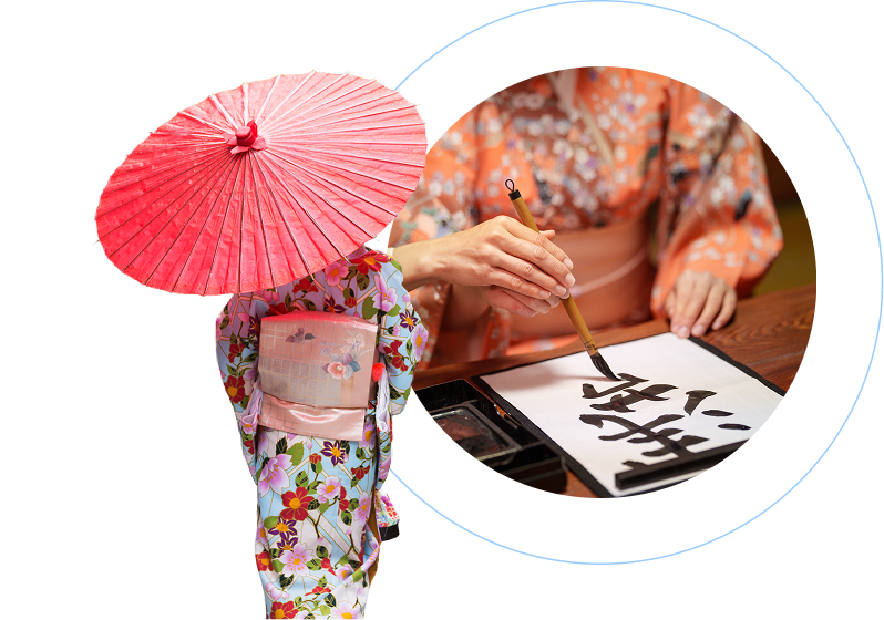 Japanese woman walking with traditonal umbrella