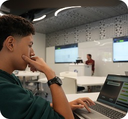 A young person wearing a dark green shirt sits at a laptop in a modern, minimalist classroom or workspace. Soft white walls with perforated decorative panels surround the area, and windows provide natural light. The student appears contemplative, resting their hand on their chin while looking at the laptop screen. The workspace features sleek, contemporary design with neutral tones and clean lines. A subtle overhead light creates a focused, studious atmosphere. The student is wearing a dark watch and seems deeply engaged with their digital work in this bright, professional learning environment.