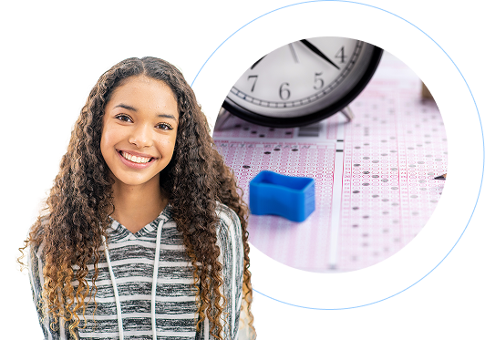 A young woman with long, curly hair smiles warmly, wearing a gray and white striped hoodie. Beside her, a circular inset shows a standardized test answer sheet with pink-colored bubbles, a blue eraser, and an analog clock partially visible. The image suggests an academic setting, with a bright, positive mood emphasizing preparation and confidence. The composition highlights both the student's optimistic expression and the testing materials, symbolizing academic readiness and potential.