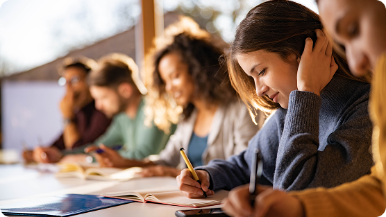 Students seated at a sunlit table, concentrating intently on studying. A young woman in a gray sweater writes carefully in an open notebook, her dark hair falling slightly forward. Behind her, several other students are similarly engaged, working with papers and writing instruments. Soft natural light streams across the scene, illuminating books and study materials. The atmosphere is quiet and focused, suggesting an academic setting like a classroom or study group. Warm tones and soft shadows create a sense of calm concentration and scholarly dedication.