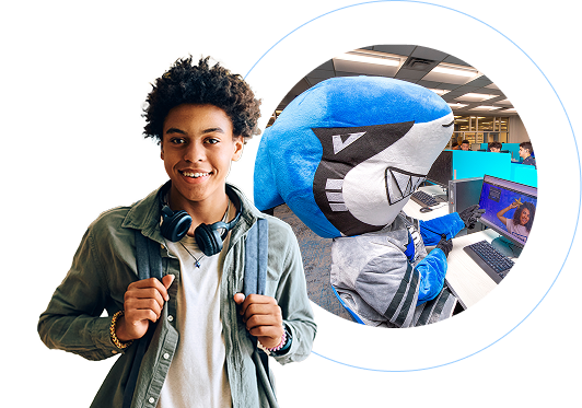 A smiling individual with curly hair wearing a white shirt and olive green jacket stands on the left side of the image, holding backpack straps. On the right, a circular inset shows a workspace with a blue-toned robotic or technological scene, featuring a large mechanical arm or device near computer monitors. The composition suggests an educational or technological learning environment, with a youthful, positive atmosphere. The subject appears to be a student or participant in a tech-related program, with the detailed workspace hinting at innovation and hands-on learning.