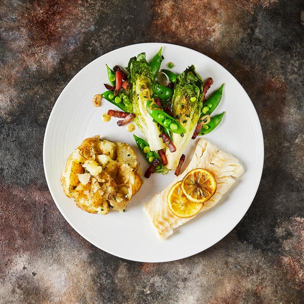 Baked Cod, Lemony Crushed Potatoes, Pancetta & Braised Gem 