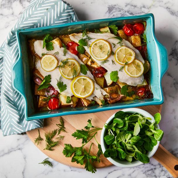 Baked Lemon & Herb Basa With Cherry Tomatoes 
