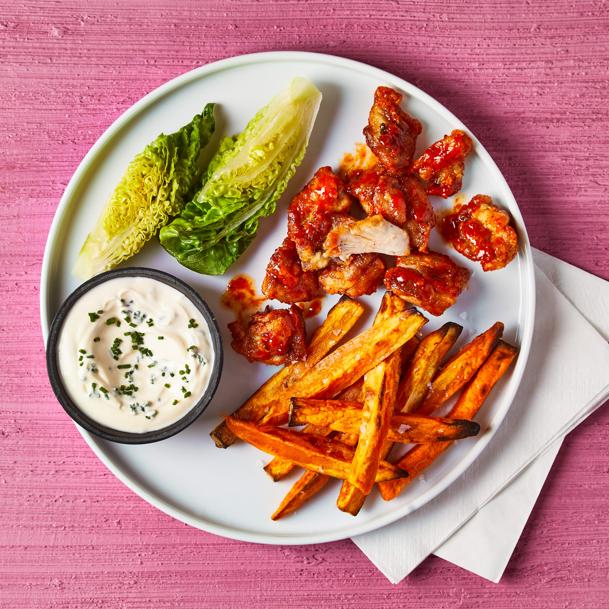 Buffalo Chicken With Ranch Dip & Sweet Potato Fries 
