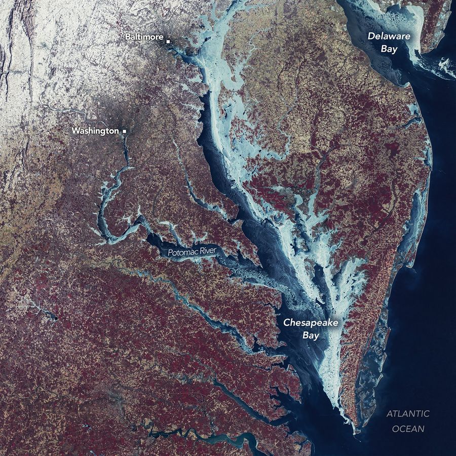 La NASA muestra cómo el invierno extremo congela la bahía de Chesapeake y revive el recuerdo del histórico hielo de 1977
