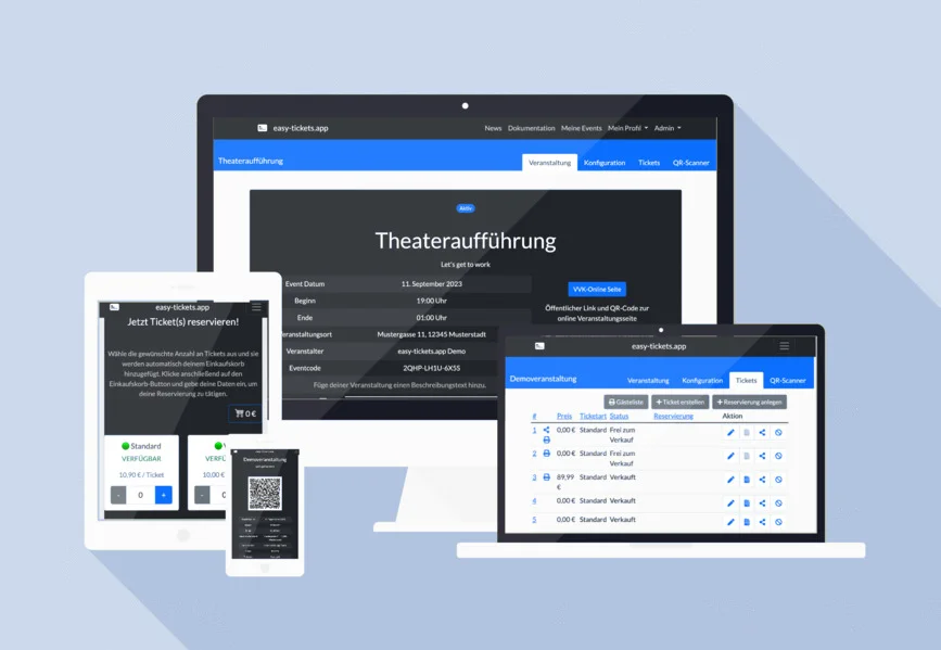 Beispielbilder der Nutzung von easy-tickets.app zur Erstellung von Eintrittskarten auf unterschiedlichen Geräten