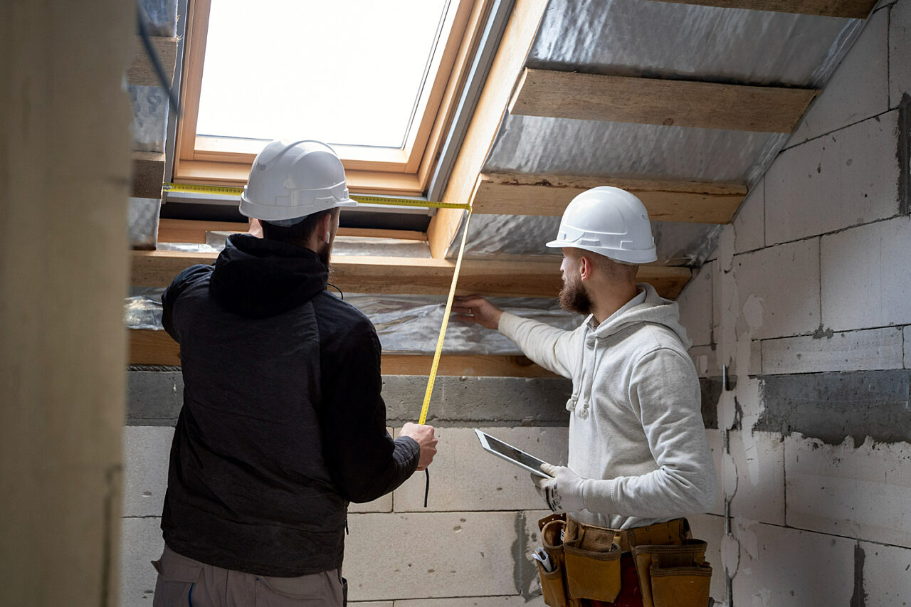 Die richtigen Baustoffe schützen die Dämmung eines Gebäudes vor Schäden durch Feuchtigkeit. Bild: Handwerker bei der Dämmung eines Gebäudes