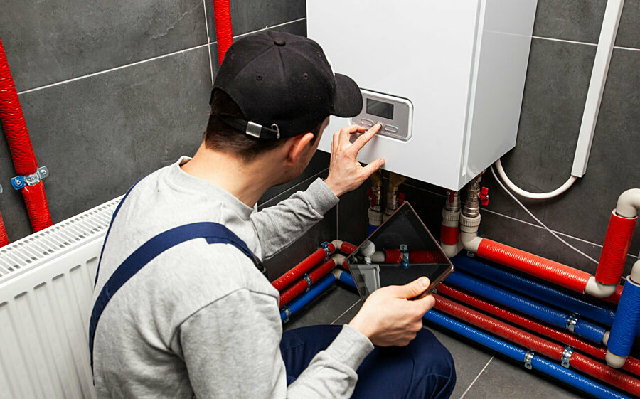 Der Heizungscheck soll zu Gaseinsparungen führen Bild: SHK-Handwerker beim Heizungscheck