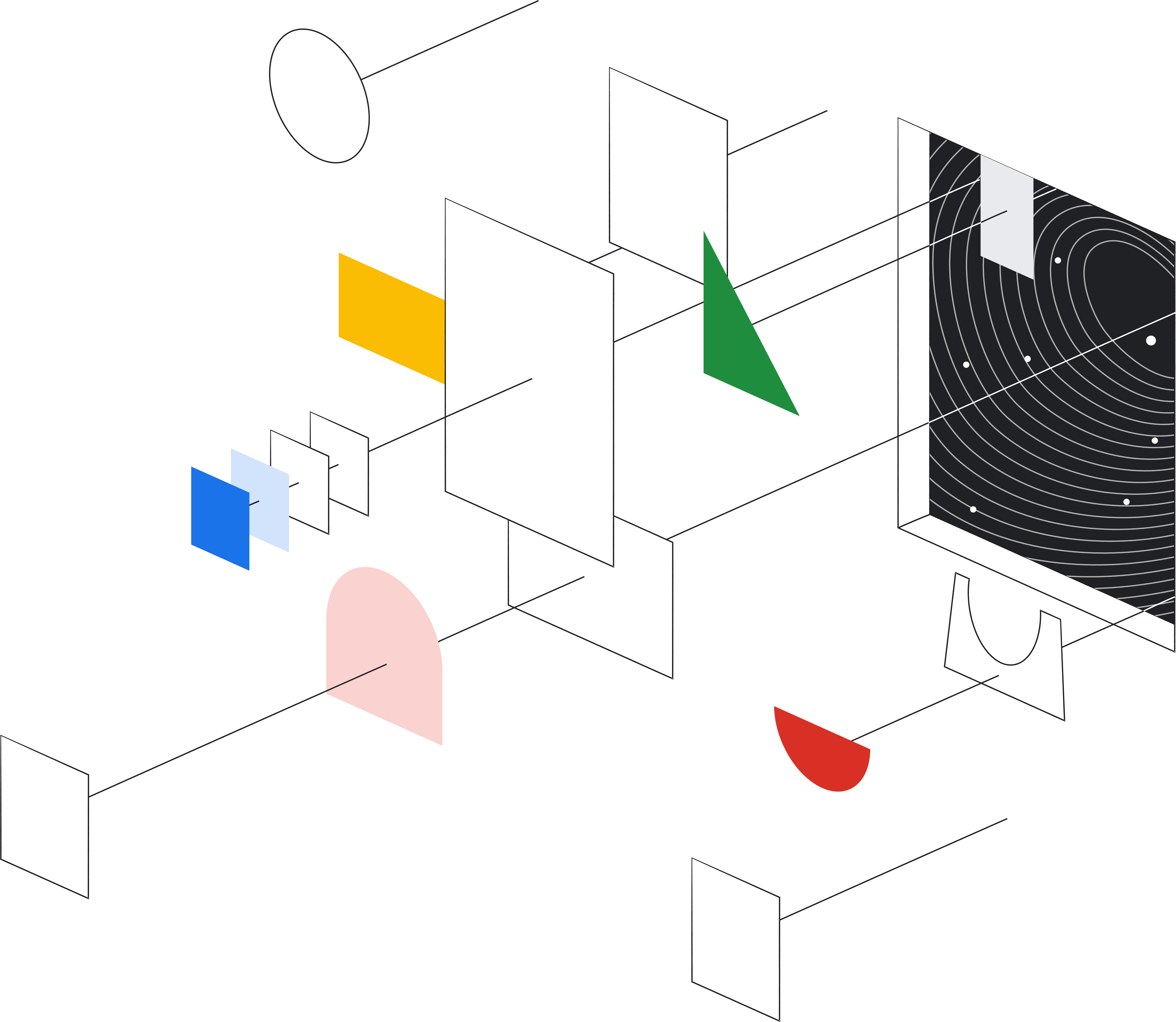 彩色形狀連結白色方型的插圖