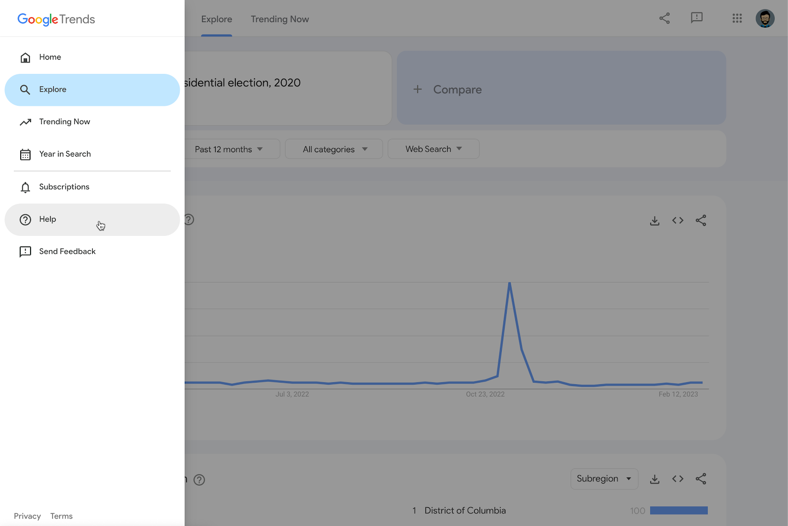 Google Trends Explore Menu