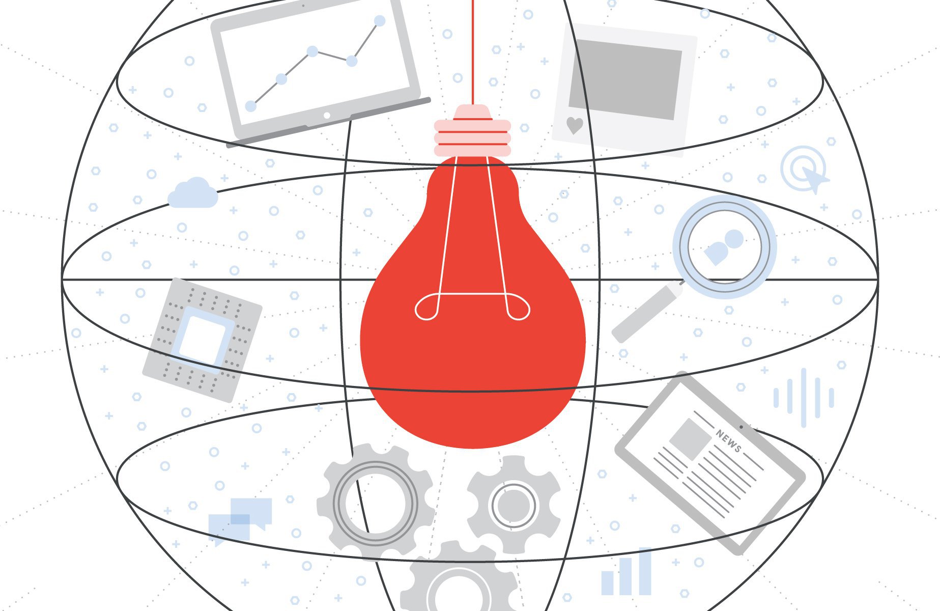 Image of a red lightbulb and notable tech icons surrounded by an orb wireframe