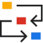 3 cuadrados de colores con flechas conectadas