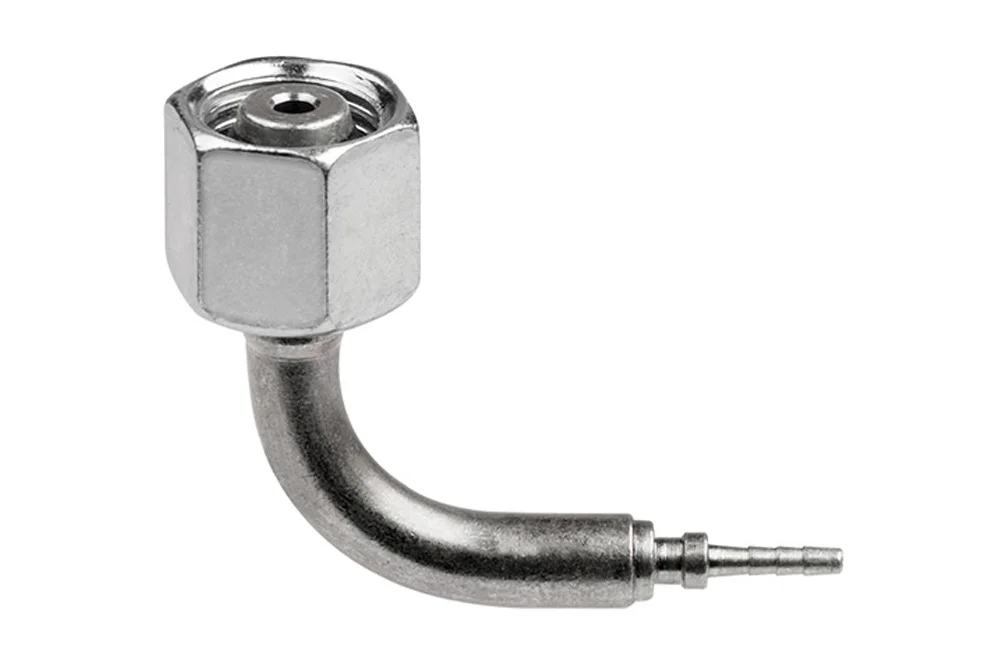 ISO 12151-2 metrisk tilkobling 24° konus med o-ring, 90° vinkel og ende for måleslange