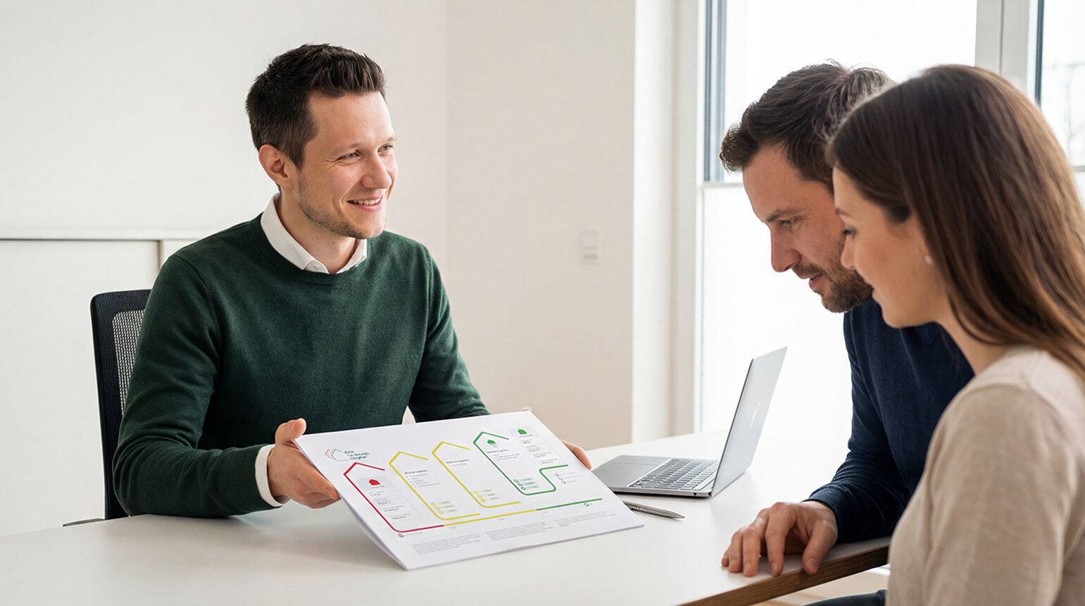 Energieberater erklärt einem Hauseigentümer den individuellen Sanierungsfahrplan vor Ort
