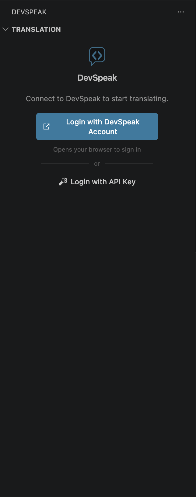 DevSpeak Translation Panel — sign in and start translating