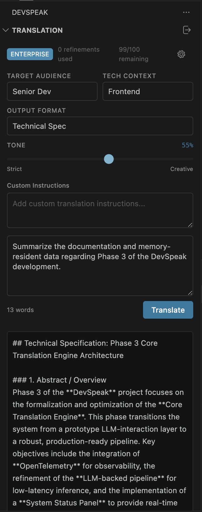 Translation panel with audience, context, format and tone controls