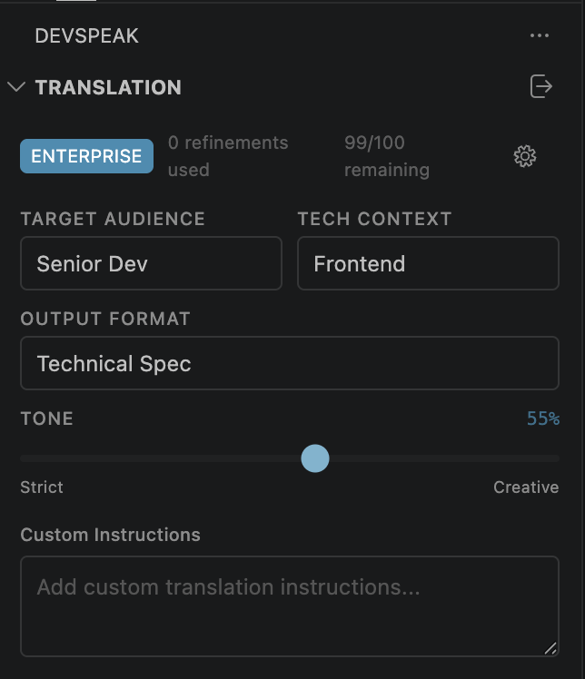 Translation editor generating a technical specification from plain-text input