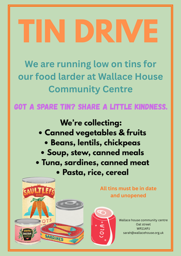 ‼️We need your help‼️      🥫We have no tins left in our larder 🥫 Do you have tins lying around in the cupboard that you know you will never use? Why not pop it in our trolley at Wallace house and we can pass it on to someone who needs it.