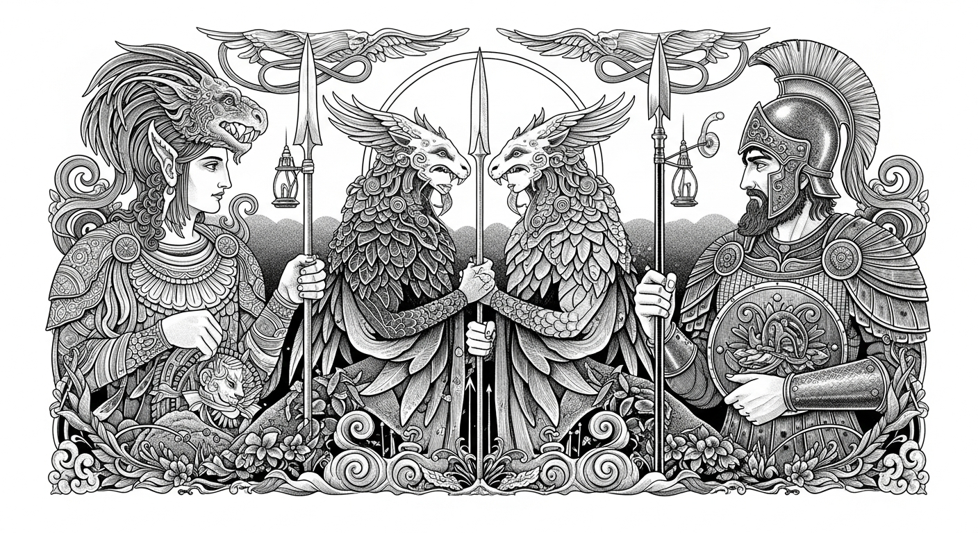 古代神話と現代シュルレアリスムの融合:Orphné Achéronが描く幻想的なキメラと戦士の肖像