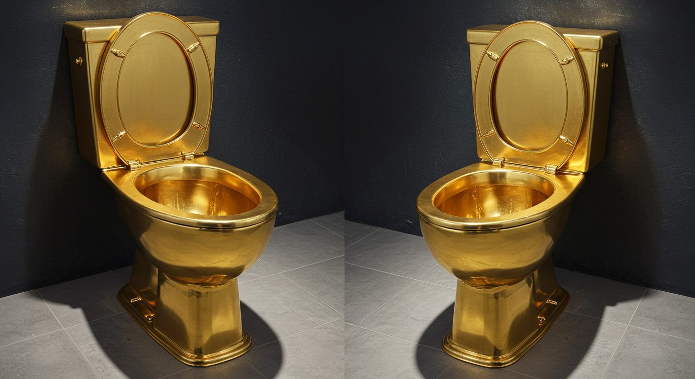 10億円の黄金トイレ「アメリカ」、オークションで芸術か贅沢品かの議論を呼ぶ