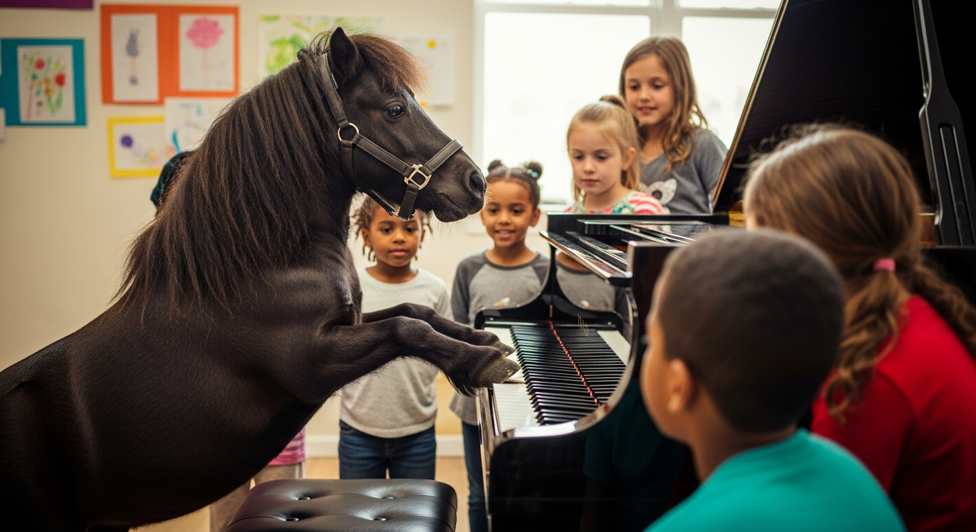 ピアノを弾くミニチュアホース「ブラックパール」、子供たちの心を癒やすユニークなセラピー馬として活躍
