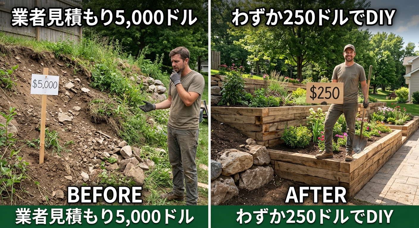 業者見積もり5,000ドルをわずか250ドルでDIY!庭の傾斜地を劇的に変えた男の挑戦