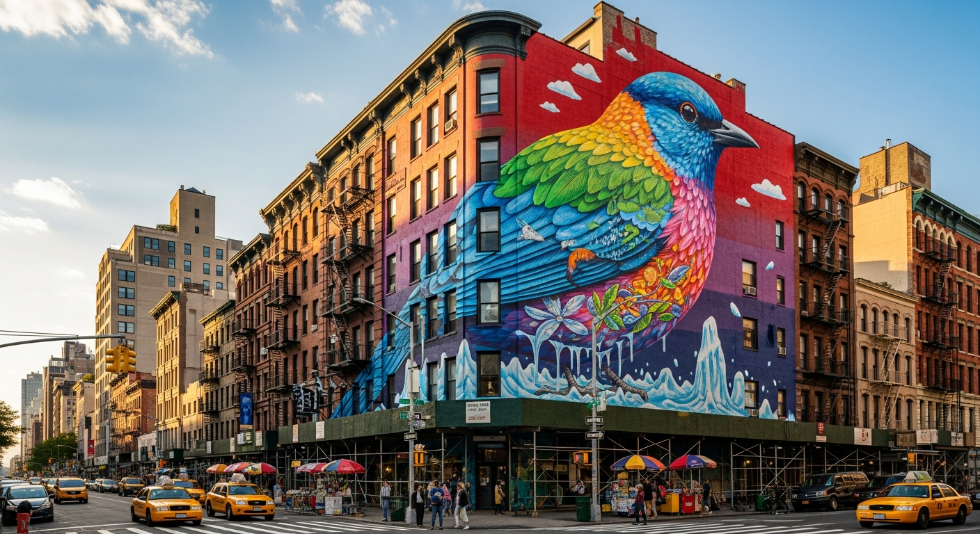 ニューヨークの街角に舞い降りた、命を彩る鳥の壁画：気候変動に立ち向かうアートプロジェクト