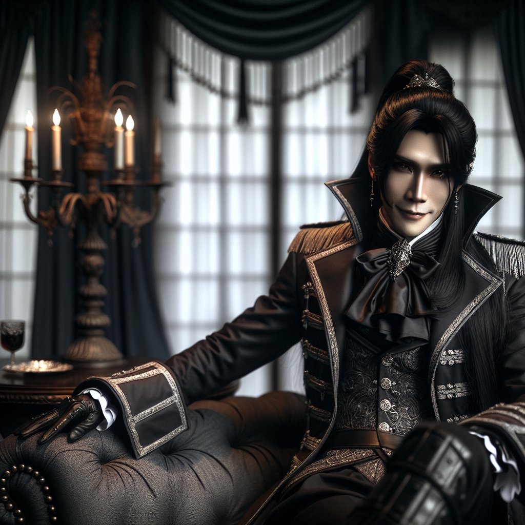 Beautiful Mysterious Male Butler In Medieval Suit, Long Black Hair In Ponytail, Dark Eyes, Sly Smile, Mediaeval, Dark Fantasy, Photorealistic Body And Face, Lingerie Modern Hight Detail --Relax --V 5.2 Mockup Generator