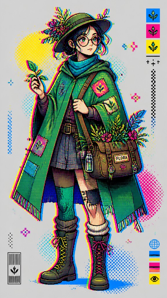 full-body original character: a wandering botanist with a satchel of plants, a patched green cloak, tall boots and round glasses, neutral background — Digital Pop Art Style character design