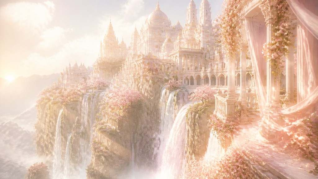 a cliffside city with waterfalls cascading into a misty canyon, wide establishing shot, no people, no text — Light Feminine Aesthetic concept art