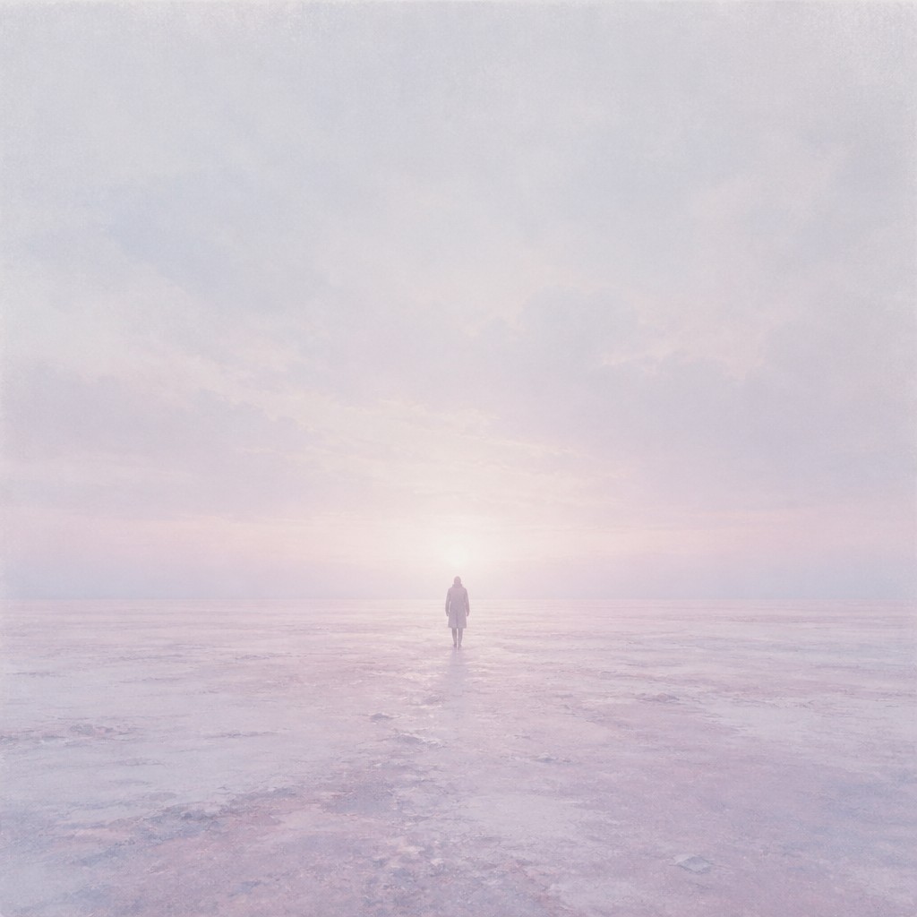 a solitary figure walking toward a glowing horizon across an empty plain, moody atmosphere, no text or lettering — Palewave Aesthetic album cover