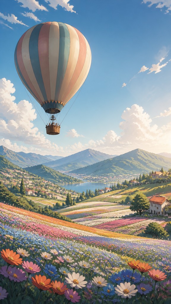 a hot air balloon drifting over rolling flower fields on a sunny day, cheerful, no text — Semi-Realistic Anime Art Style greeting card