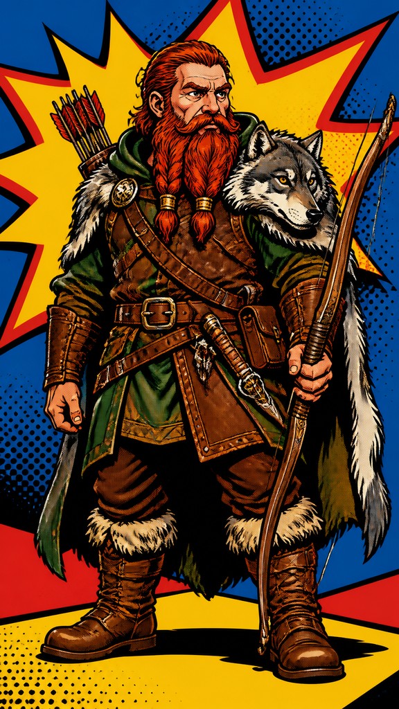 full-body original character: a dwarven ranger with a braided auburn beard, worn leather armor, a longbow and a wolf-pelt cloak, neutral background, no text — Advertisement Pop Art Style tabletop character portrait