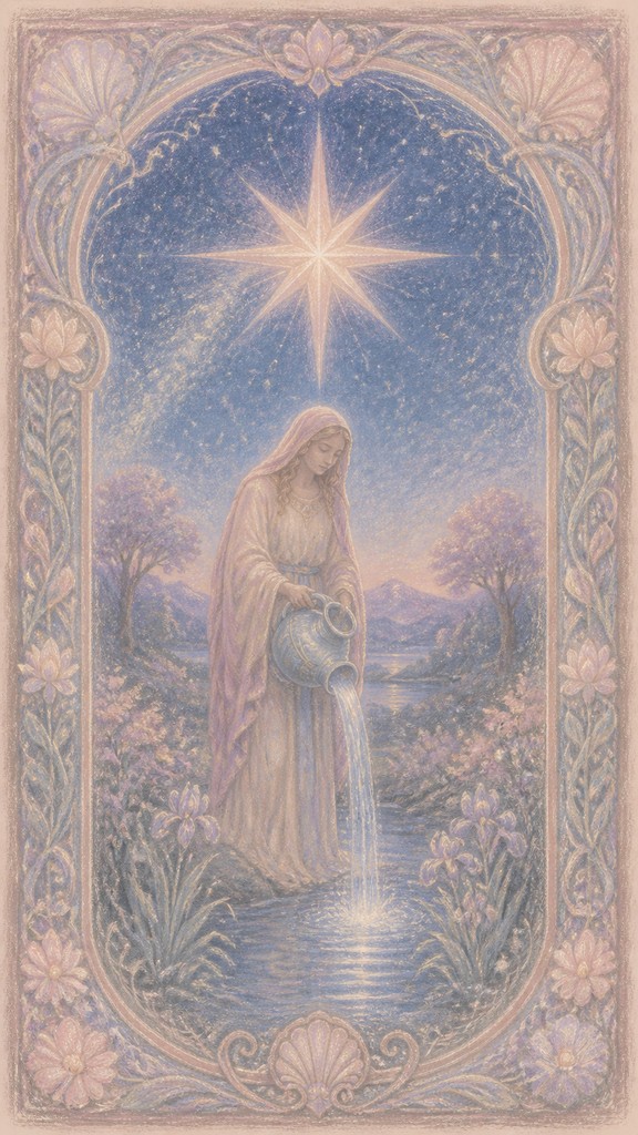 a robed figure pouring water beneath a large eight-pointed star in a night sky, symmetrical composition with an ornate decorative border, no text — Pastel Art Style tarot card