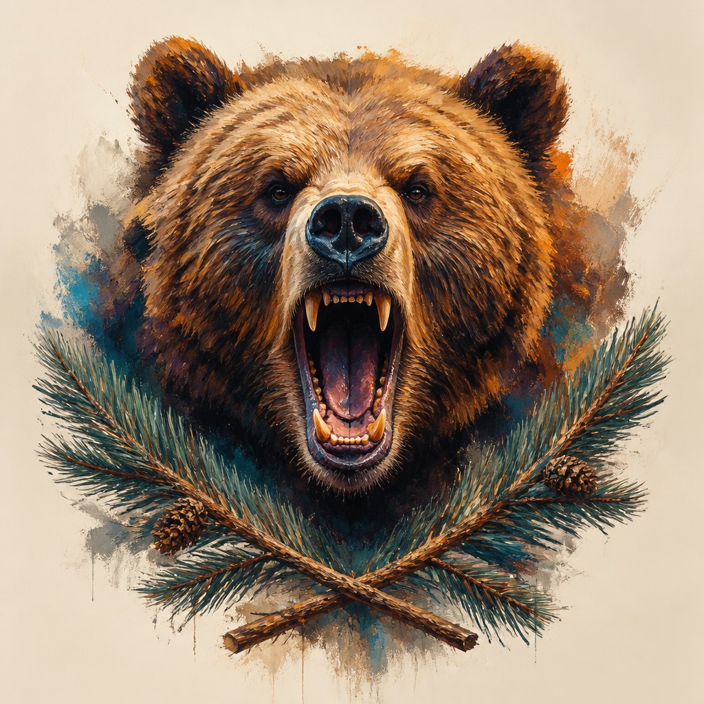 a roaring bear head above crossed pine branches, bold graphic composition on a plain background, no text — Digital Painting Art Style t-shirt design