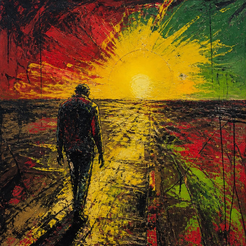 a solitary figure walking toward a glowing horizon across an empty plain, moody atmosphere, no text or lettering — Neo-Expressionism Art Style album cover