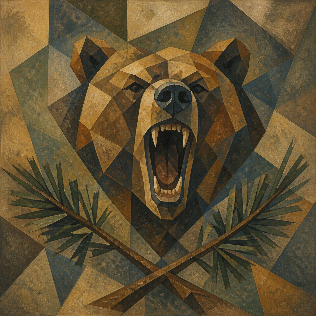 a roaring bear head above crossed pine branches, bold graphic composition on a plain background, no text — Proto-Cubism Art Style t-shirt design