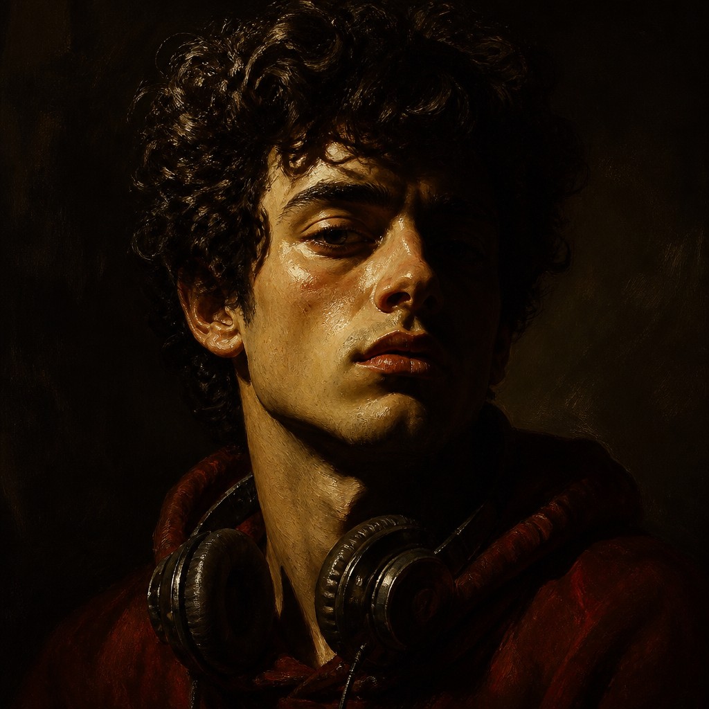 head-and-shoulders portrait of an original character: a young man with curly dark hair and headphones around his neck, plain backdrop, no text — Caravaggio Realism Baroque Art Style Discord profile picture
