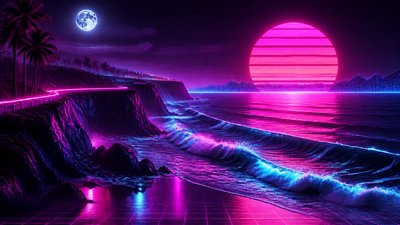 a moonlit coastline with cliffs and crashing surf, no people — Synthwave Aesthetic wallpaper