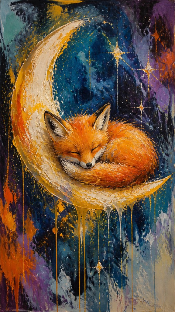 a sleeping baby fox curled on a crescent moon among soft stars, gentle and warm, no text — Abstract Expressionist Modern Art Style baby announcement