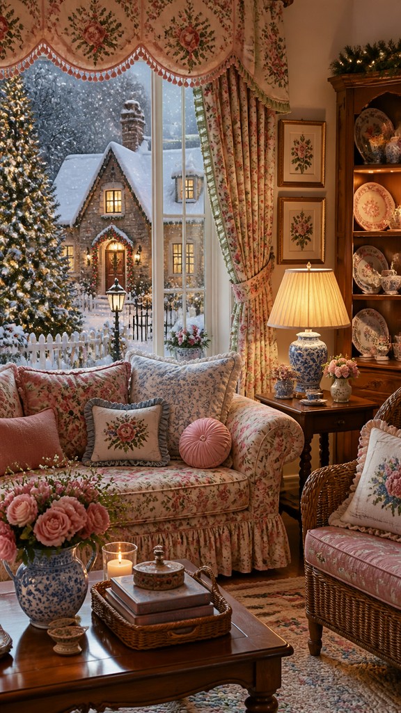 a snow-covered cottage with warm glowing windows beside a decorated pine tree, gentle snowfall, no text — Grandmillennial Aesthetic Christmas card