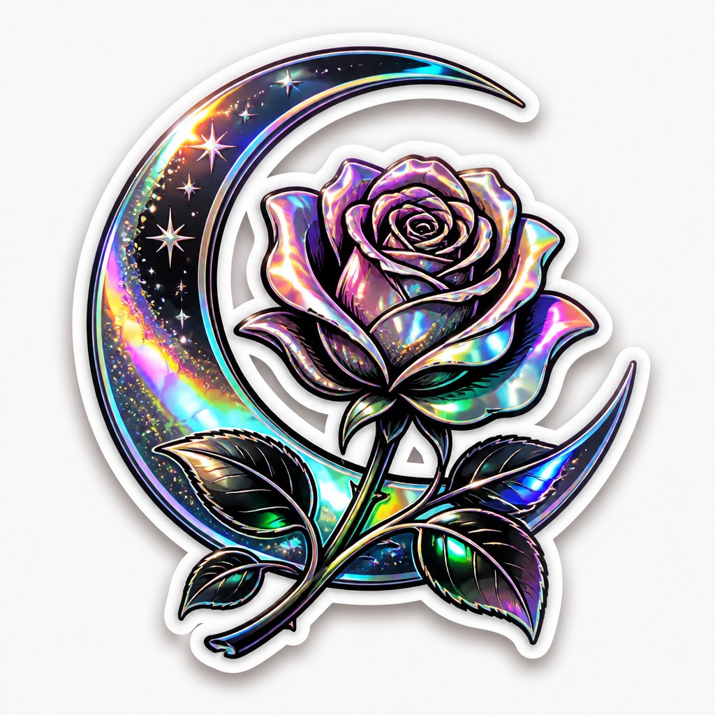 a rose entwined with a crescent moon, clean balanced composition on a plain background, no text — Holographic Sticker Design tattoo design