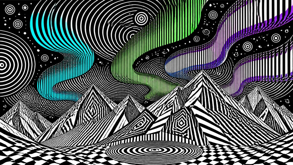 a flowing aurora over snowy peaks, wide sweeping composition, no people, no text — Op Art Style banner