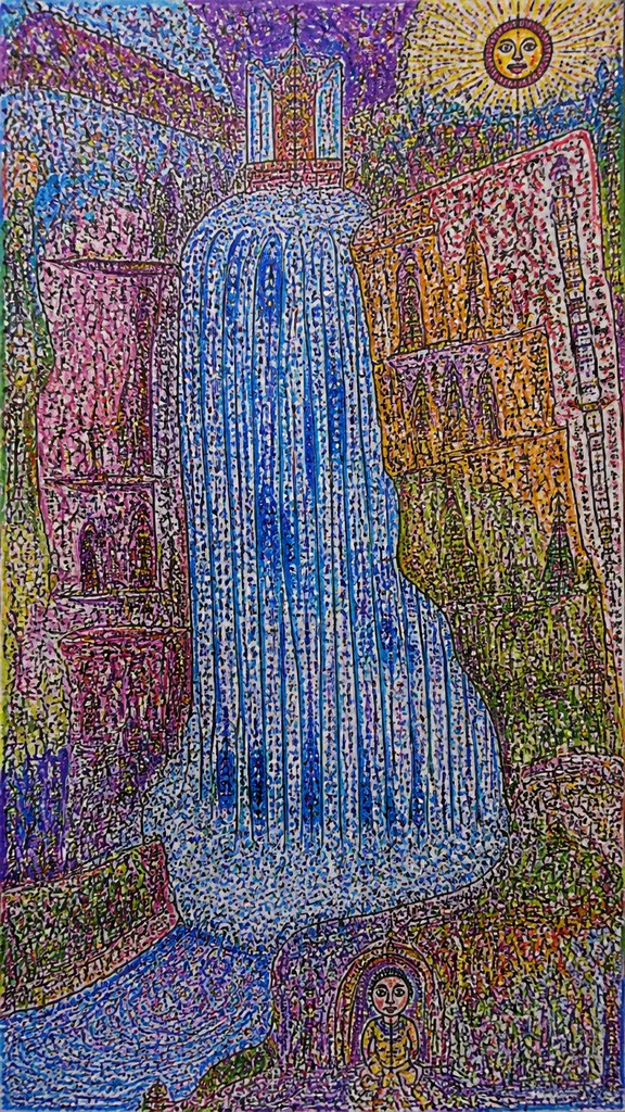 towering waterfall cascading down a cliff — Outsider Art Style