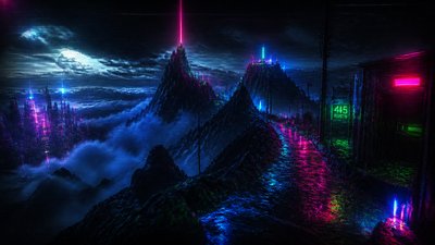 a wide alpine ridge above a sea of clouds, no people — Cyberpunk Art Style wallpaper