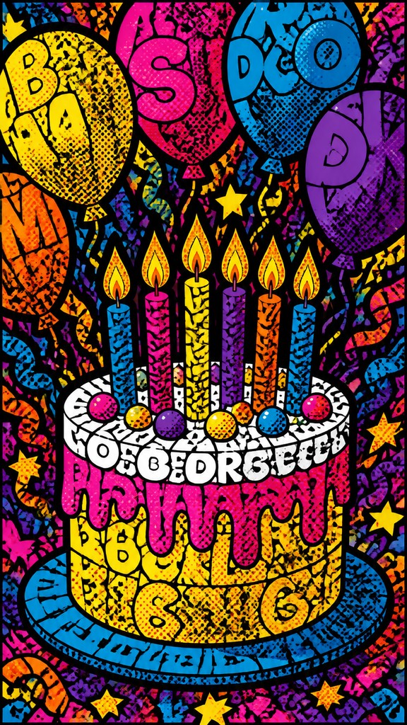 a birthday cake with lit candles surrounded by balloons and confetti, festive vertical composition, no text — Typography Pop Art Style birthday card