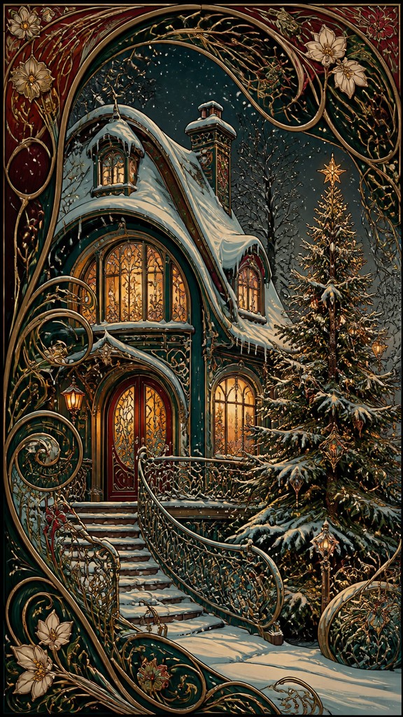 a snow-covered cottage with warm glowing windows beside a decorated pine tree, gentle snowfall, no text — Art Nouveau Architecture Art Christmas card