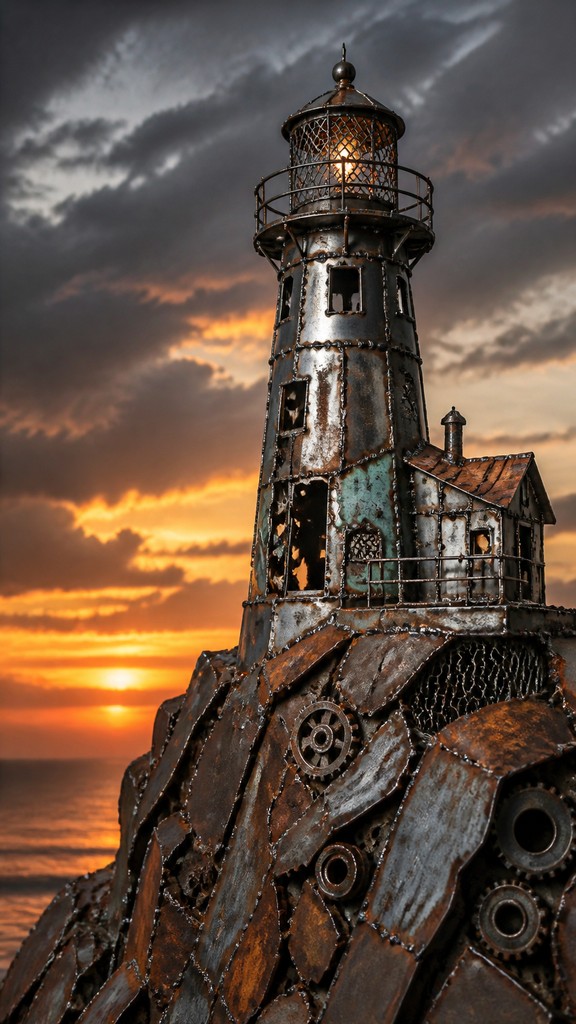 a lone lighthouse on a cliff at dusk under a dramatic sky, no text or lettering — Metal Assemblage Sculpture Art Style poster