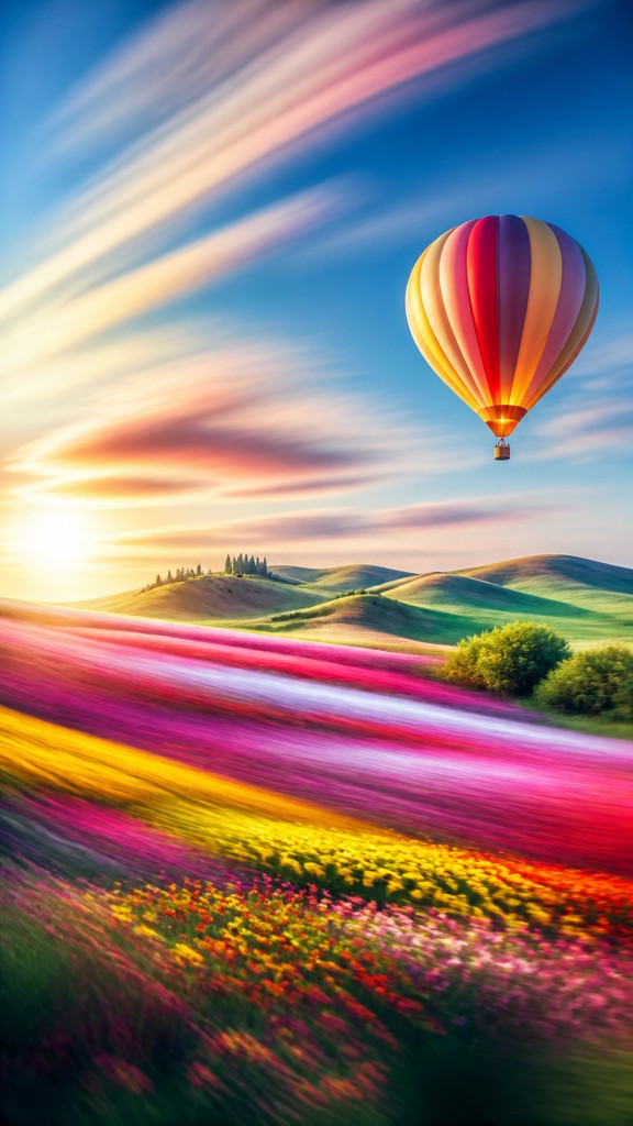 a hot air balloon drifting over rolling flower fields on a sunny day, cheerful, no text — Long Exposure Photography Style greeting card