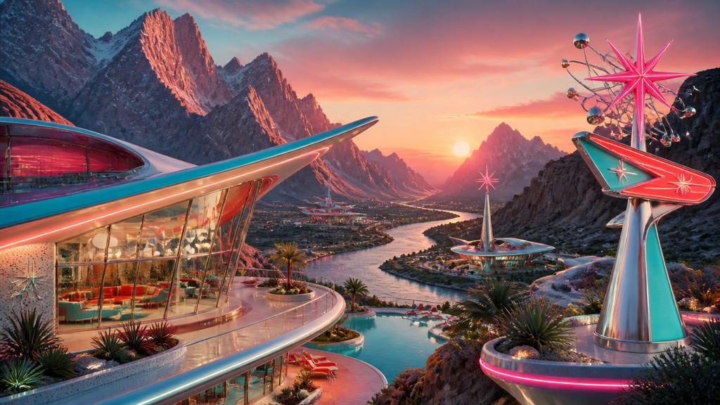 a vast valley with a river winding toward distant mountains at sunrise, no people, no text — Googie Architecture desktop wallpaper